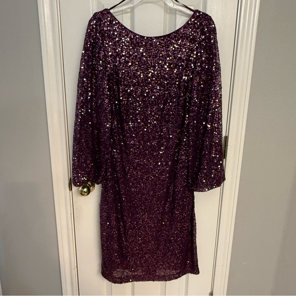 Purple Sequin Sheath Dress with Bishop Sleeves and Scoop Neck✨Cocktail